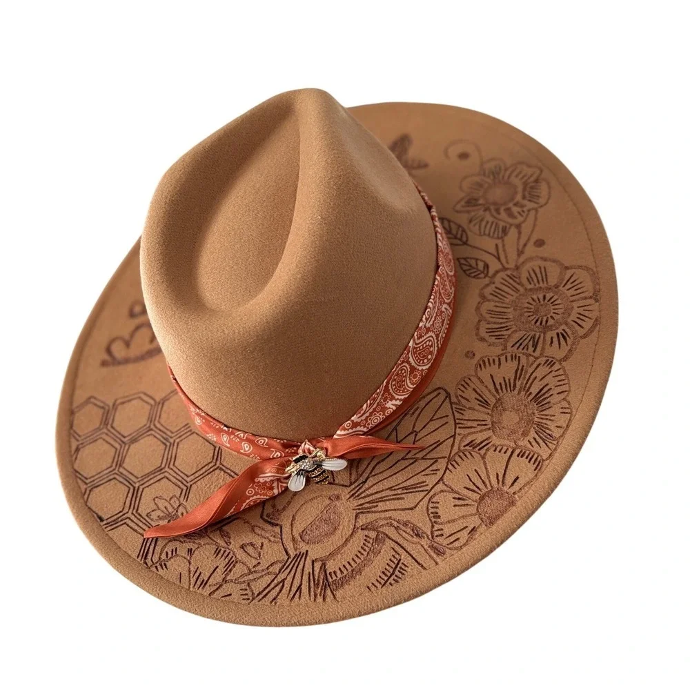 Handcrafted Tan Custom‎ Wood Burned Floral Bee Wide Brim Fedora Boho Western Hat